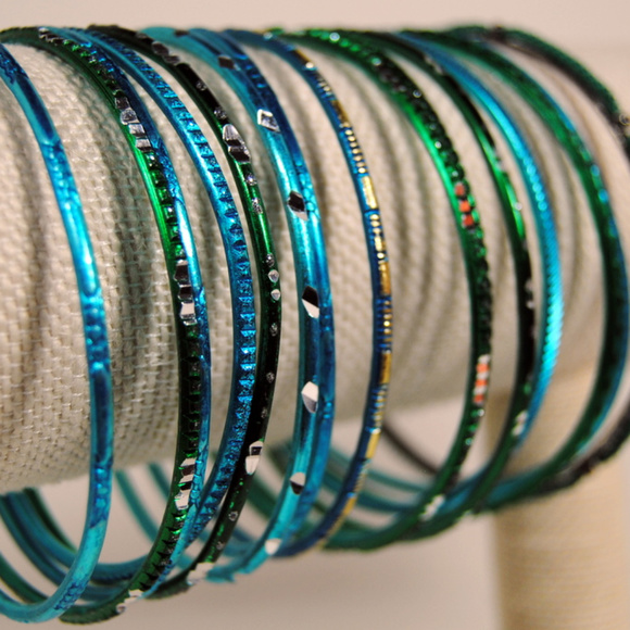 Bangles Set Green & Aqua w/Silver Black Accents - Picture 2 of 4